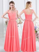 Scoop Watermelon Red Cap Sleeves Floor Length Lace and Ruching Zipper Dama Dress for Quinceanera