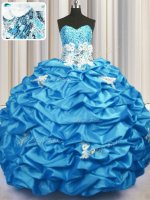 New Style With Train Aqua Blue Quinceanera Dresses Taffeta Brush Train Sleeveless Appliques and Sequins and Pick Ups