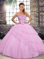 Popular Lilac Ball Gowns Sweetheart Sleeveless Tulle Brush Train Lace Up Beading and Ruffled Layers Quinceanera Dress