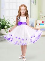 White A-line Appliques and Belt Kids Formal Wear Zipper Tulle Sleeveless Knee Length