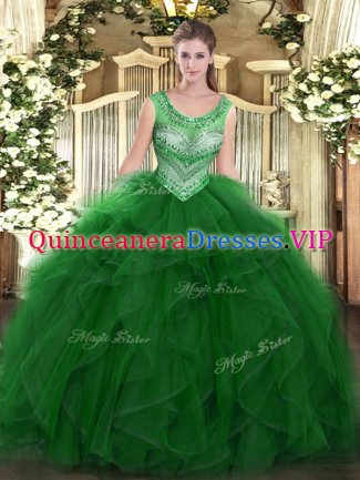Stunning Green Scoop Neckline Beading and Ruffles 15th Birthday Dress Sleeveless Lace Up