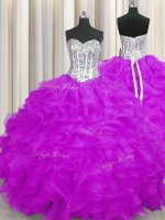 Purple Ball Gowns Beading and Ruffles Vestidos de Quinceanera Lace Up Organza Sleeveless Floor Length