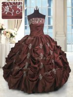 Fashionable Burgundy Taffeta Lace Up Strapless Sleeveless Floor Length 15 Quinceanera Dress Beading and Appliques and Embroidery and Pick Ups(SKU PSSW0292-4BIZ)