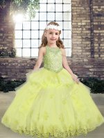 Yellow Green Ball Gowns Lace and Appliques Pageant Dress for Teens Lace Up Tulle Sleeveless Floor Length(SKU PAG1239-3BIZ)