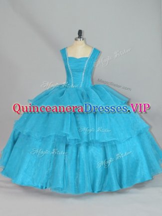 Edgy Aqua Blue Sleeveless Organza Lace Up Quince Ball Gowns for Sweet 16 and Quinceanera