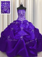 Custom Fit Floor Length Lace Up Quince Ball Gowns Purple for Military Ball and Sweet 16 and Quinceanera with Beading and Appliques and Embroidery