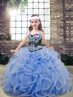 Best Embroidery and Ruffles Kids Formal Wear Light Blue Lace Up Sleeveless Floor Length