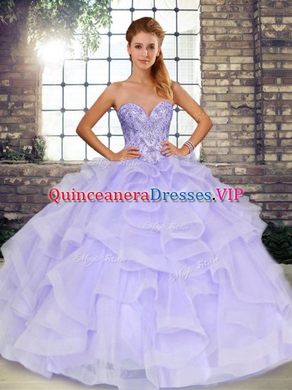 Floor Length Lace Up Quinceanera Dresses Lavender for Military Ball and Sweet 16 and Quinceanera with Beading and Ruffles - Click Image to Close