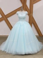 Deluxe Light Blue Zipper Quince Ball Gowns Beading and Lace Sleeveless Brush Train(SKU SWQD258BIZ)