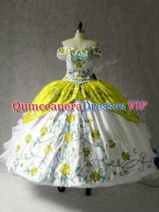 Off The Shoulder Cap Sleeves Quinceanera Gown Floor Length Embroidery and Ruffles Multi-color Organza and Taffeta