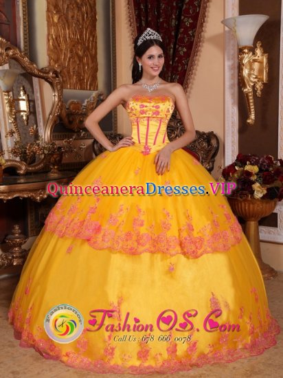 Alajuela Costa Rica Classical Yellow Quinceanera Dress With Organza and romantic Lace Appliques Decorate - Click Image to Close