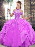 Lilac Lace Up Quinceanera Dress Beading and Ruffles Sleeveless Floor Length