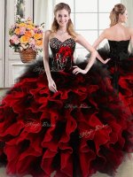 High Quality Black and Red Lace Up Sweet 16 Quinceanera Dress Beading and Ruffles and Hand Made Flower Sleeveless Floor Length