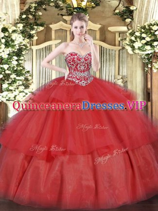 Fancy Red Lace Up Sweetheart Beading and Ruffled Layers Quinceanera Gown Organza Sleeveless