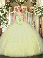 Dynamic V-neck Sleeveless Lace Up Quinceanera Dresses Yellow Green Tulle