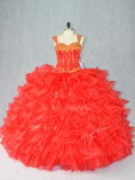 Red Organza Lace Up Straps Sleeveless Floor Length 15 Quinceanera Dress Beading and Ruffles(SKU PSSW1019BIZ)