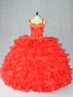 Red Organza Lace Up Straps Sleeveless Floor Length 15 Quinceanera Dress Beading and Ruffles