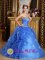 Classical Strapless Blue Sweetheart Organza Quinceanera Dress With Ruffles Decorate In New York