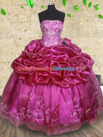 Captivating Pick Ups Strapless Sleeveless Lace Up Quince Ball Gowns Fuchsia Organza - Click Image to Close