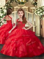 Red Sleeveless Floor Length Ruffles and Ruching Lace Up Kids Formal Wear