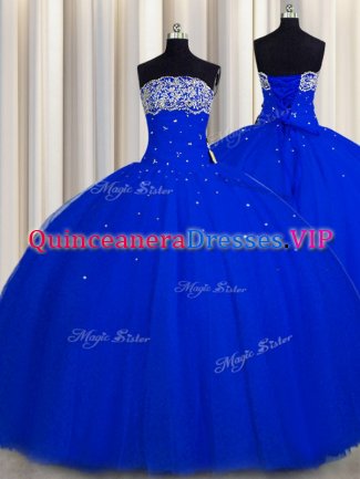 Really Puffy Royal Blue Ball Gowns Strapless Sleeveless Tulle Floor Length Lace Up Beading and Sequins Quinceanera Dresses