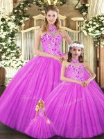 Flare Lilac Halter Top Lace Up Embroidery Quinceanera Dress Sleeveless
