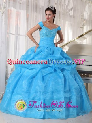 Taffeta and Organza Layers Sky Blue Off The Shoulder Quinceanera Dress With Deaded Bodice In Aventura FL