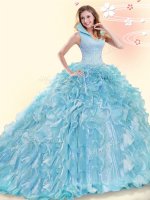 Aqua Blue Organza Backless Quinceanera Gown Sleeveless Brush Train Beading and Ruffles(SKU SJQDDT826002-4BIZ)