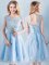 Scoop Light Blue Tulle Lace Up Quinceanera Court Dresses Short Sleeves Knee Length Appliques and Bowknot