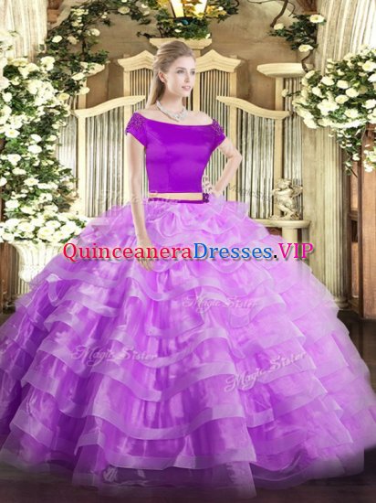 Suitable Lilac Short Sleeves Floor Length Appliques and Ruffled Layers Zipper Sweet 16 Quinceanera Dress - Click Image to Close