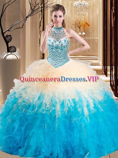 Halter Top Sleeveless Beading and Ruffles Lace Up 15 Quinceanera Dress - Click Image to Close