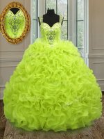 Yellow Green Zipper Straps Beading and Ruffles Quinceanera Dresses Organza Sleeveless