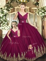 Floor Length Burgundy Quinceanera Gowns Tulle Sleeveless Beading and Appliques