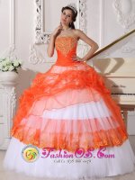 Bedford TX Exquisite Appliques Decorate Bodice Beautiful Orange and White Quinceanera Dress For Strapless Taffeta and Organza Ball Gown