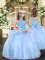 Most Popular Sleeveless Floor Length Appliques Lace Up Little Girls Pageant Gowns with Blue