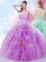 Shining Halter Top Sleeveless Sweet 16 Dress Floor Length Beading and Ruffles Lilac Tulle