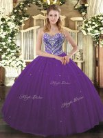 Romantic Purple Ball Gowns Sweetheart Sleeveless Tulle Floor Length Lace Up Beading Quinceanera Gown