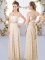 Champagne Lace Side Zipper V-neck Short Sleeves Floor Length Dama Dress Lace