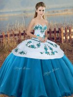 Graceful Blue And White Sleeveless Floor Length Embroidery and Bowknot Lace Up Vestidos de Quinceanera