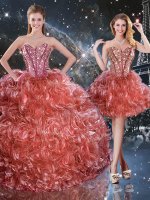 Nice Rust Red Lace Up Sweetheart Beading and Ruffles Quinceanera Dresses Organza Sleeveless