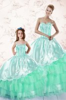 Apple Green Lace Up Sweetheart Embroidery and Ruffled Layers Quince Ball Gowns Organza Long Sleeves