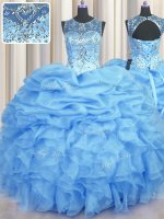 New Style See Through Organza Scoop Sleeveless Lace Up Beading and Ruffles and Pick Ups Quinceanera Gowns in Light Blue(SKU PSSW0457-6BIZ)