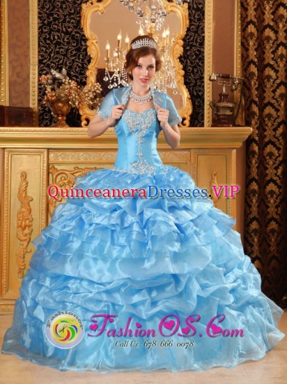Bradenton Florida/FL USA Lovely Aqua Blue Quinceanera Dress For Sweetheart Gowns With Jacket Appliques Decorate Bodice Layered Pick-ups Skirt - Click Image to Close