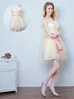 Dazzling Off the Shoulder Champagne Short Sleeves Tulle Lace Up Vestidos de Damas for Prom and Party and Wedding Party