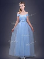 Shining Tulle Off The Shoulder Sleeveless Lace Up Ruching and Bowknot Damas Dress in Light Blue