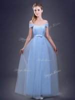 Shining Tulle Off The Shoulder Sleeveless Lace Up Ruching and Bowknot Damas Dress in Light Blue(SKU BMT0220E-1BIZ)