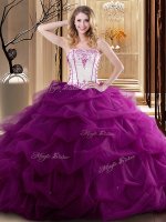 Simple Floor Length Fuchsia Quinceanera Dresses Tulle Sleeveless Embroidery and Ruffled Layers