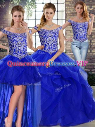 Sweet Royal Blue Lace Up Quinceanera Dress Beading and Ruffles Sleeveless Brush Train