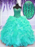Elegant Turquoise Sweetheart Lace Up Beading and Ruffles 15th Birthday Dress Sleeveless