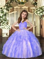 Fashion Lavender Tulle Lace Up Little Girls Pageant Gowns Sleeveless Floor Length Ruffles
